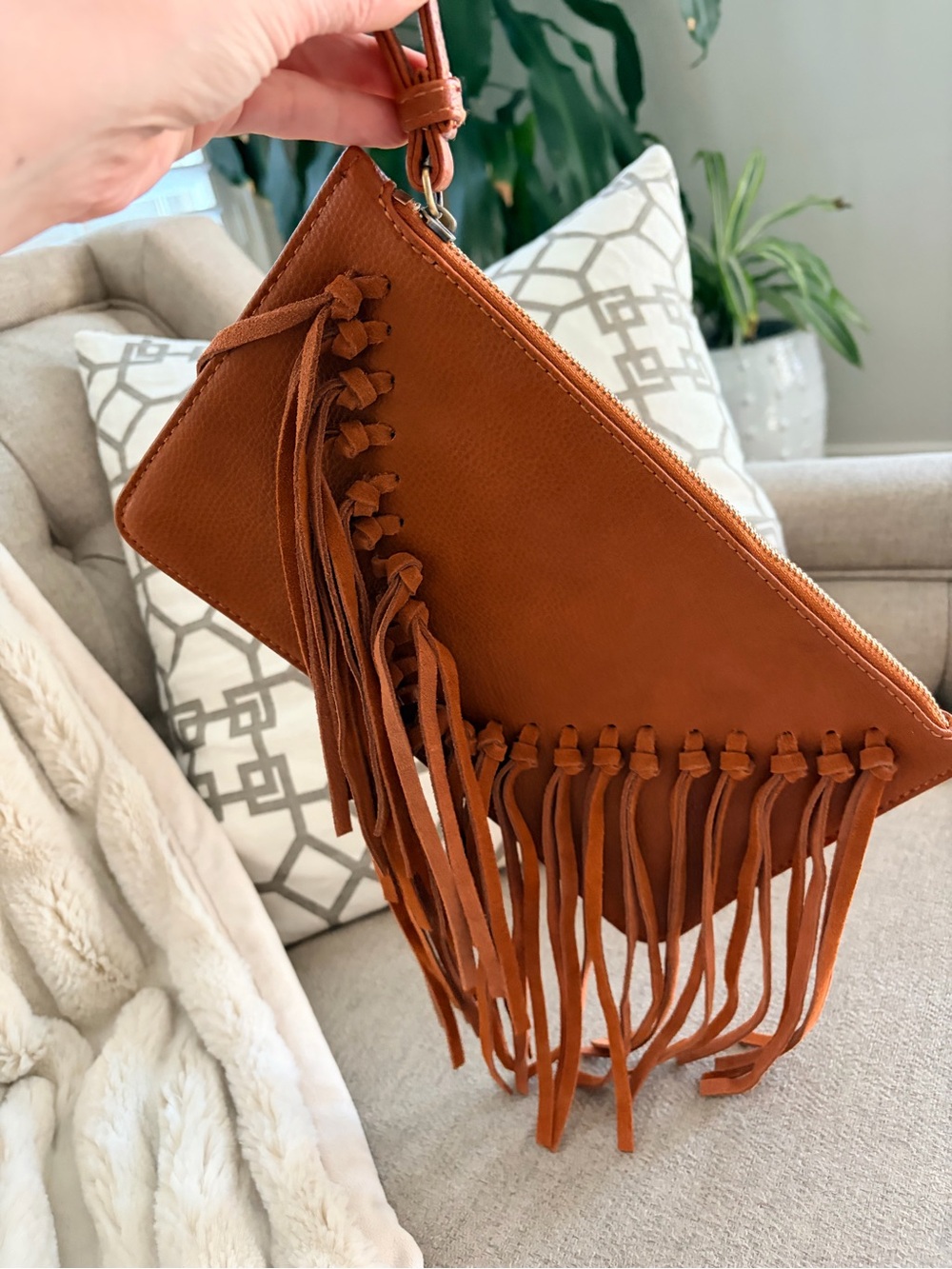 Sole Society Fringed Wristlet Clutch in Saddle Brown